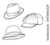 Vector various models of Hats doodle illustration hand drawn sketch line art, Containing Trilby hat, Bucket hat, Flat cap isolated on white background, For kids coloring book.