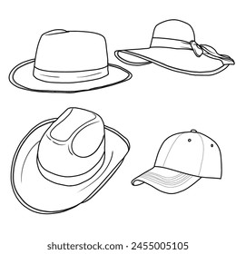 Vector various models of Hats doodle illustration hand drawn sketch line art, Containing Fedora, Baseball cap, Cowboy hat, Panama hat isolated on white, For kids coloring book.