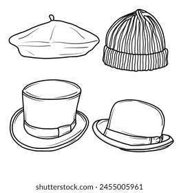 Vector various models of Hats doodle illustration hand drawn sketch line art, Containing Beret, Beanie, Bowler hat, Top hat isolated on white background, For kids coloring book.