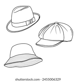 Vektorgrafik verschiedene Modelle von Hats Doodle Illustration Handgezeichnete Skizze Linie Kunst, Enthält Trilby Hut, Eimer Hut, Flat Cap isoliert auf weißem Hintergrund, Für Kinder Malbuch.