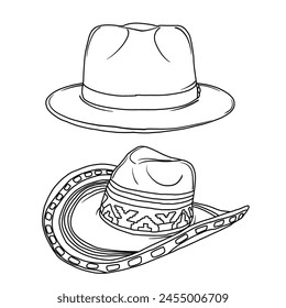 Vector various models of Hats doodle illustration hand drawn sketch line art, Containing Boater hat, Sombrero hat models isolated on white background, For kids coloring book.