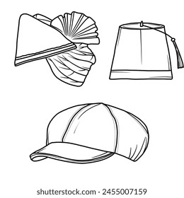 Vector various models of Hats doodle illustration hand drawn sketch line art, Containing Turban, Fez, Newsboy cap models isolated on white background, For kids coloring book.