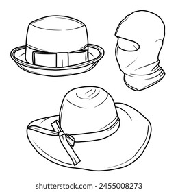 Vector various models of Hats doodle illustration hand drawn sketch line art, Containing Pork pie hat, Sun hat, Balaclava models isolated on white background, For kids coloring book.