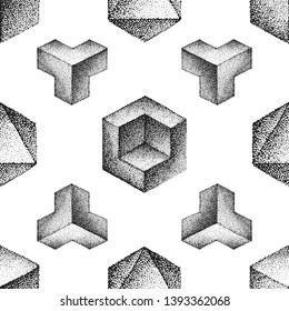 vector various monochrome blackwork engraving vintage geometric platonic solid illustrations ornament decoration seamless pattern white background
