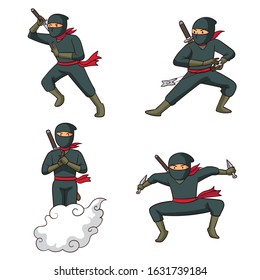 
Vector of various ninja movements. There is a ninja wielding a sword. Ninja uses the ability to disappear and so on.