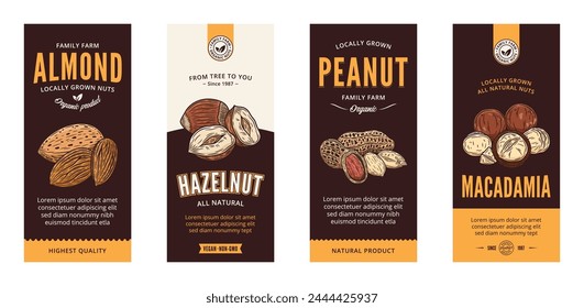 Vector various nut labels in modern style. Vector nut illustrations