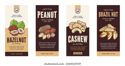 Vector various nut labels in modern style. Vector nut illustrations