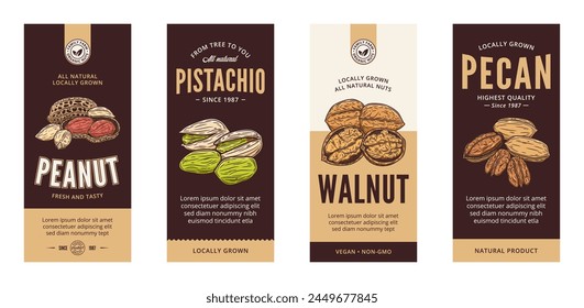 Vector various nut labels in modern style. Vector nut illustrations