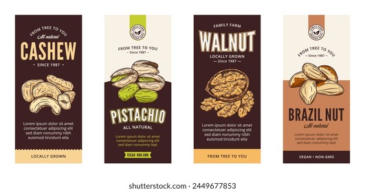 Vector various nut labels in modern style. Vector nut illustrations