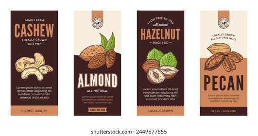 Vector various nut labels in modern style. Vector nut illustrations
