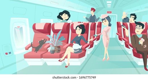 Vector of various passengers inside airplane on the flight to travel destination 