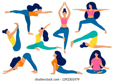 Vector various poses of yoga set. Flat style women illustration. Yoga Exercises. People practicing asana.
