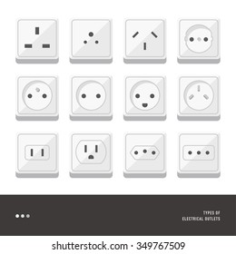 vector various power, socket input types / electric household outlet / flat style / icon set collection / grey isolated on white