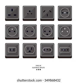 vector various power, socket input types / electric household outlet / flat style / icon set collection / black, iron gray