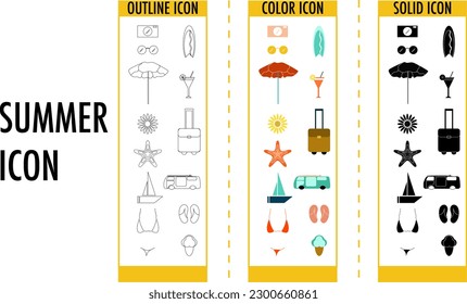 Vector of various summer theme icon pack. Travel, fun, holiday scene. Outline, Color, and Solid icon type.