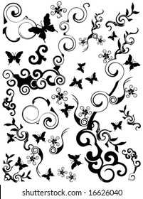 Vector Various swirling foliage butterfly designs. Black on a white background.