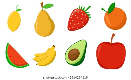 Vector de varios tipos de frutas en forma de dibujos animados simples y coloridos. Cada fruta se representa con colores brillantes y un estilo minimalista, que da una impresión fresca y divertida.