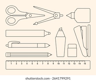 vector of various types of stationery. pencil, pen, marker, eraser, ruler, scissors, stapler, highlighter pen, pair of compasses, correction fluid
