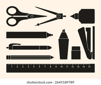 vector of various types of stationery. pencil, pen, marker, eraser, ruler, scissors, stapler, highlighter pen, pair of compasses, correction fluid