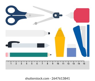 vector of various types of stationery. pencil, pen, marker, eraser, ruler, scissors, stapler, highlighter pen, pair of compasses, correction fluid