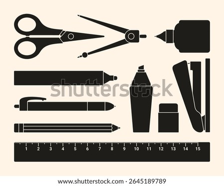 vector of various types of stationery. pencil, pen, marker, eraser, ruler, scissors, stapler, highlighter pen, pair of compasses, correction fluid