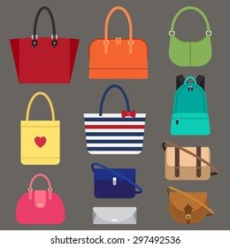 Vector various types of woman bags. Flat style.