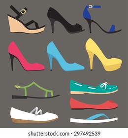 Vector various types of woman summer shoes. Flat style. Side view.