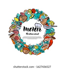 Vector various vegetables, spices, herbs, dishes are inscribed in a circle with menu text, can be used as a restaurant advertisement, a market. Printing on textile, paper.