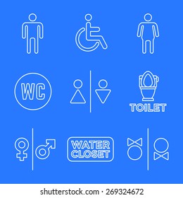 vector various white color outline water closet signs toilet restroom icons set blue background 