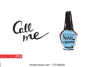 Vector varnish with motivational text: call me. Fashion accessory illustration in glamour style for beauty salon, shop, blog print. Isolated symbol on white background.