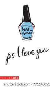 Vector varnish with motivational text: ps i love you. Fashion accessory illustration in glamour style for beauty salon, shop, blog print. Isolated symbol on white background.