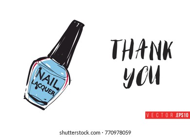Vector varnish with motivational text: thank you. Fashion accessory illustration in glamour style for beauty salon, shop, blog print. Isolated symbol on white background.