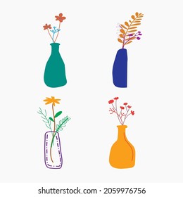 vector vase and flowers abstract illustration vase on white background in flat and cartoon style, boho botanical illustration