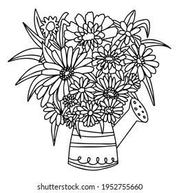 Vector vase of flowers in doodle style on a transparent background. A watering can instead of a flower vase