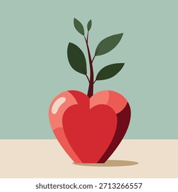 Un jarrón de Vector, maceta en forma de corazón con un tallo germinado y hojas verdes sobre un delicado fondo pastel. Perfecto para diseños de tarjetas de San Valentín o para aquellos sobre temas de salud, amor y ecología