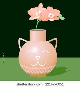 Vector con una boquilla de gato y una orquídea. Vase con flores. Para imprimir y web. Tarjeta de felicitación.
