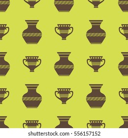 Vector Vases Silhouettes Seamless Pattern on Yellow Background
