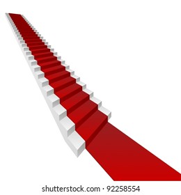 Vector or vectorial concept or conceptual 3D white stair and red carpet isolated on white background
