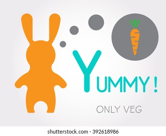 Vector veg illustration. Vector rabbit and carrot. Vector bunny. Bunny and yummy carrot. Bunny cartoon flat style icons.