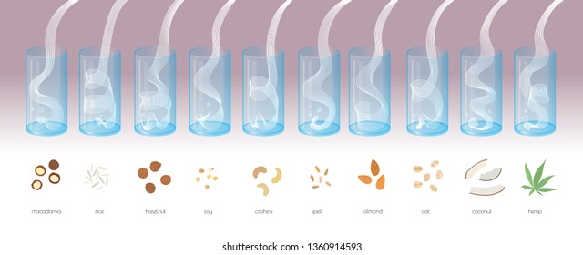 Vector vegan alternative organic milk splash in glass set. Non dairy drink from nut, bean, coconut, almond, oat. Vector isolated transparent illustration. Healthy food, diet and nutrition concept