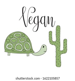 Vector Vegan Awareness Card with Turtle and Cactus