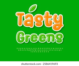 Vector Vegan badge Tasty Greens. Creative Glossy Font. Decorative Green Alphabet Letters and Numbers set.