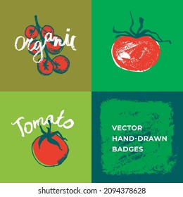 Insignias veganas vectoras. Símbolos de tomates dibujados a mano. Tomate orgánico. El concepto de comida vegetariana saludable. Iconos alimentarios saludables para etiqueta de captación, envasado de jugo de tomate, banner agronomía natural bio-orgánica.