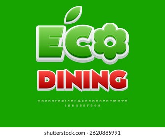 Vector Vegan emblem Eco Dining. Modern Green Font. Exclusive Uppercase Alphabet Letters and Numbers set.