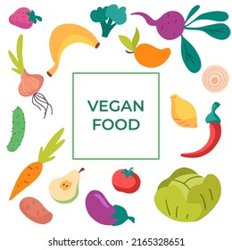 Vector Vegan healthy food illustration poster. Local and organic food concept. Organic natural fruits and vegetables in square shape design.