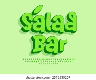 Vector Vegan icon Salad Bar. Green 3D Font, Handwritten set of Alphabet Letters and Numbers