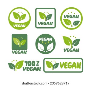 Vector vegan icon set vegan logos and badges, label, green leaf on white background illustration.