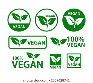 Vector vegan icon set vegan logos and badges, label, green leaf on white background illustration.