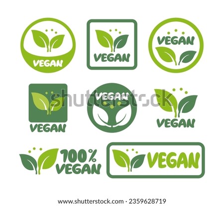 Vector vegan icon set vegan logos and badges, label, green leaf on white background illustration.