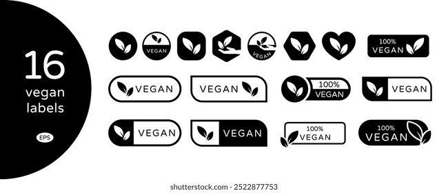 Vector Vegan Label Geometric Black Set with Leaves on White Background. Organic, Bio and Ecological Symbol. Meat free, Eco, Lactose free, Healthy, Fresh and Non Violent Food.